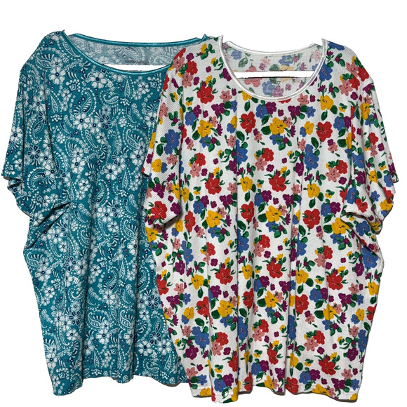 Woman Within Tops - Woman Within Tops Womens 3X-30-32 Green White Red Floral Waffle Knit Lot of 2